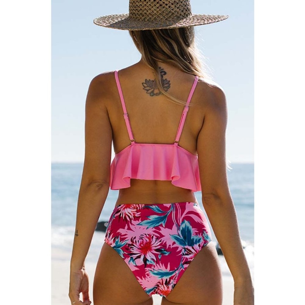 Spaghetti Straps Pink Ruffled Two Piece Swimsuit - Picture 4 of 5
